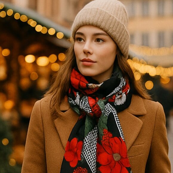 Vintage Floral Silk-Blend Scarf — Black Red & Gray | Designer-Quality 80s/90s - Picture 2 of 12